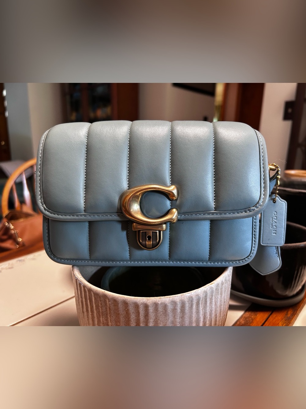 Coach Quilted Studio Shoulder in Glacier Blue